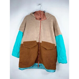 Moussy Reversilbe Mountain Parka Jacket Blue Brown Teddy Hooded Oversized